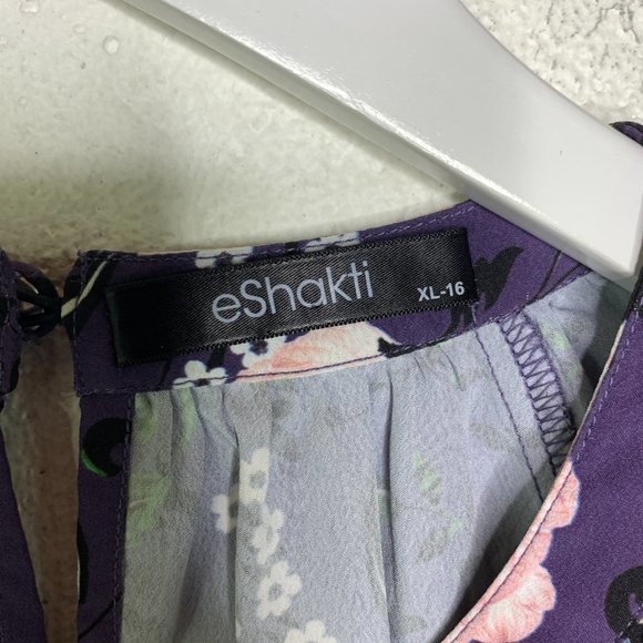 eShakti Floral Keyhole Blouse Top Size XL 16 Purple Crepe Unlined Pullover Boho - Picture 8 of 14